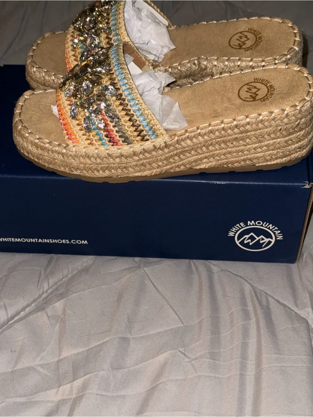 White Mountain Tan Wedge Slide Sandals with Multicolor Crochet & Crystal Accents - Picture 5 of 8